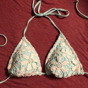 Bathing suit top. Teal and white lace.